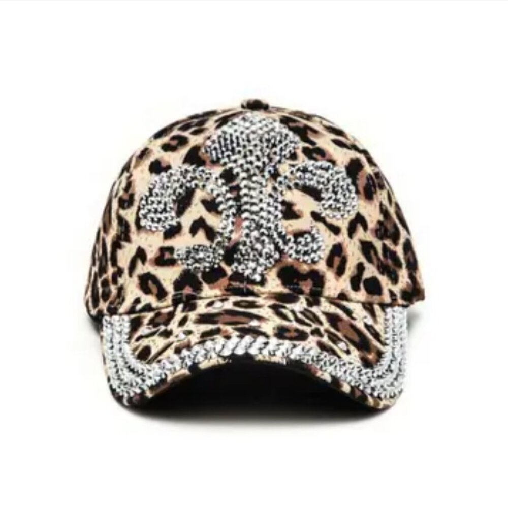 Leopard Print Crystal Accent Baseball Cap - Brown